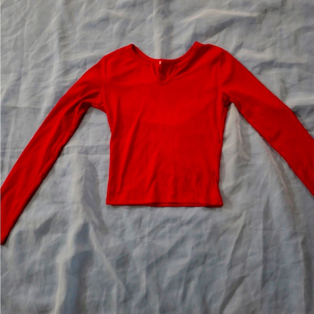 Red Long-Sleeve Scoop Neck Women's Top